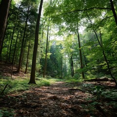 Obraz premium Serene Forest Pathway Surrounded by Lush Green Trees and Sunlight Filtering Through the Foliage in a Tranquil Nature Scene