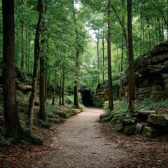 Fototapeta premium Serene Forest Pathway Through Lush Greenery Surrounded by Majestic Trees and Natural Rock Formations in a Peaceful Wilderness Area