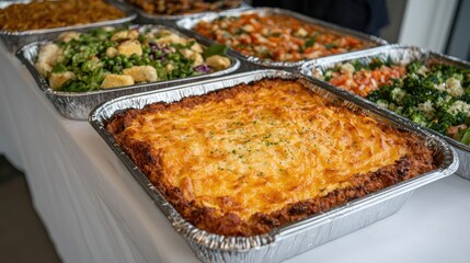 Served lasagna in aluminum trays at a buffet