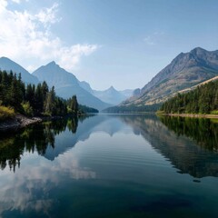 Serene Lake Surrounded by Majestic Mountains and Lush Forests Under a Clear Blue Sky, Perfect for Nature Lovers and Outdoor Enthusiasts Seeking Tranquility and Adventure