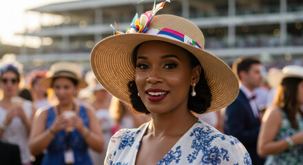 Elegant Black woman smiling stylish hat Kentucky Derby spectator fashion portrait socialite. Derby fashion portrait, Black elegance, social event style concept.