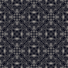 Seamless Classic Floral Line Art Pattern in Black and white for Wallpaper, Textile, Packaging, and Background. Vector Design.