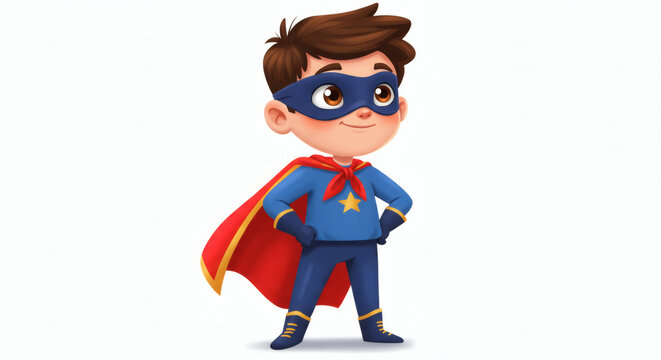Illustration of a child wearing a superhero cape and mask, hands on hips in heroic pose, bold colors, clean white background.
