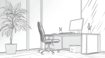A drawing of a desk with a computer and a chair