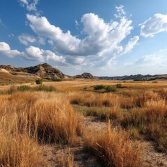 Obraz premium Serene Landscape with Rolling Hills and Sprawling Grasslands under a Blue Sky with Wispy Clouds and Dynamic Shadows of Nature in the Great Outdoors