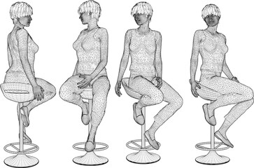 vector sketch illustration silhouette design of young woman sitting on bar stool  