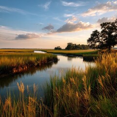 Serene Marsh Landscape Under a Beautiful Sky with Soft Sunlight Reflections on Calm Water and Lush Greenery at Dusk