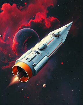 The planet shrouded in red smoke from the wilted supernova star, and a ship flying by in the form of a rocket. The seamer is sectional