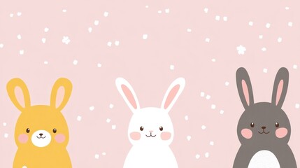 Three cheerful cartoon bunnies on a soft pink background.