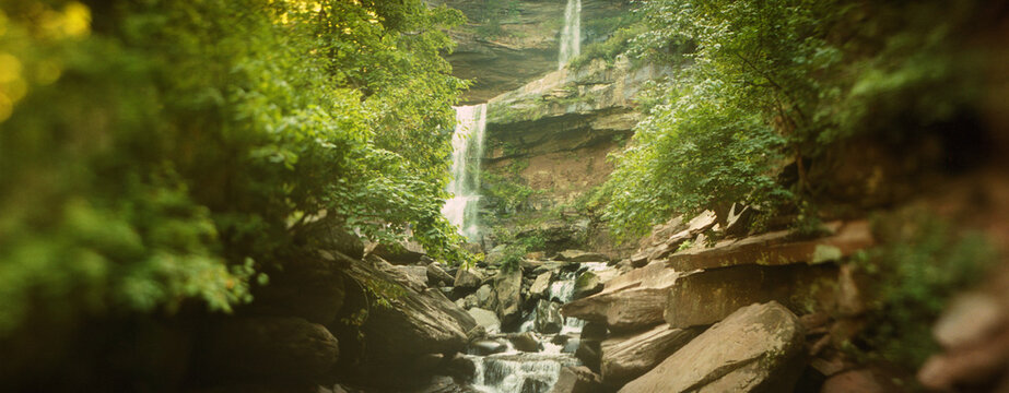 Panoramic waterfall in a forest, Kaaterskill Falls, Catskill Mountains, Hunter, Greene County, New York State, USA.