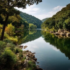 Obraz premium Serene River Landscape Surrounded by Lush Green Forests and Rocky Shores Captured at Sunrise in a Tranquil Natural Setting Perfect for Outdoor Enthusiasts and Nature Lovers
