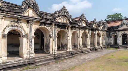 Obraz premium Ancient Asian Temple Courtyard with Arched Colonnades