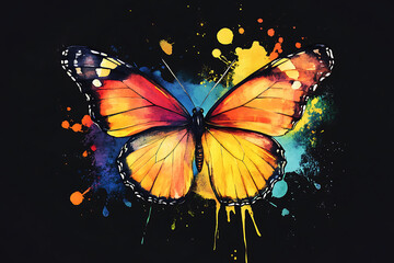 Vibrant Monarch Butterfly with Colorful Splashes on Black Background, Ideal for Art and Design