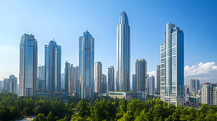 Fototapeta premium A city skyline with tall buildings and a park in the middle