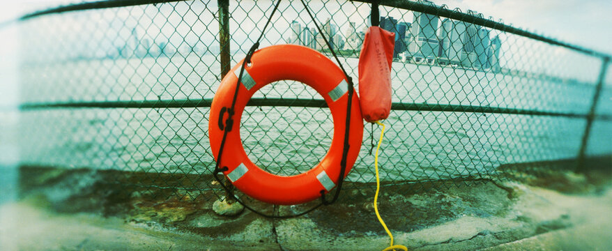 Lifesaver ring on the waterfront on Staten Island, New York City, New York, USA
