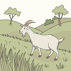 Cute cartoon vector goat standing on a grassy hillside in a tranquil landscape, playful and charming, copy space