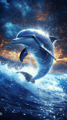 Fototapeta premium Dolphin Jumping at Sunset over Ocean Waves: Vibrant Marine Life Photography
