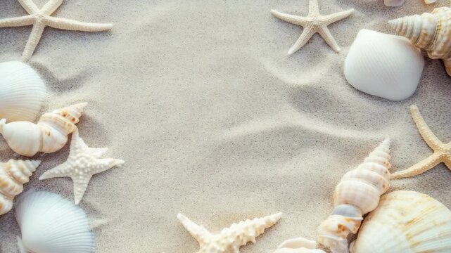 Arrangement of starfish and assorted shells on light tan sand creates a beachy and summery feel.