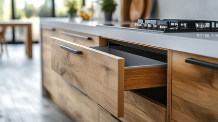 An empty drawer with reinforced corners and metallic accents in a minimalist kitchen, on a white background 