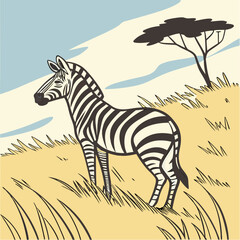 Fototapeta premium Vector illustration of a zebra in a savanna landscape, standing gracefully, wildlife theme 