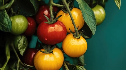 Colorful tomatoes on vine.  Fresh, vibrant tomatoes in various colors, hanging from a plant, wet with water droplets.  Healthy, homegrown vegetables