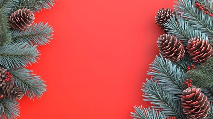 Naklejka premium Red Background Christmas Pine Branches Cones Festive Winter Holiday Decoration