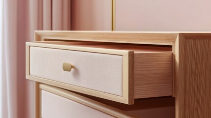 An elegant drawer with hidden handles and smooth interior finishes, on a light pink backdrop