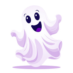 Happy Halloween greeting card with a ghost. Cartoon ghosted spirit. Funny spirit. Holidays cute ghost cartoon character vector illustration. Friendly ghost. Spooky phantom flying. White background