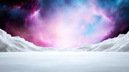 Snowy mountain range under a vibrant space nebula