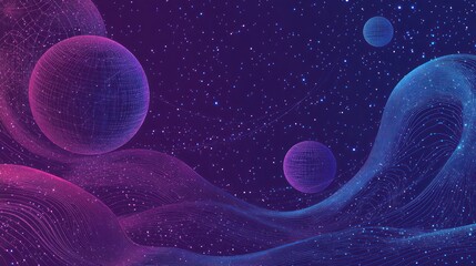 Surreal cosmic landscape with wireframe spheres and vibrant abstract forms