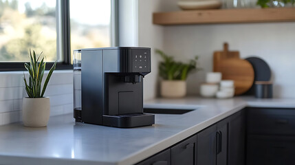 A black coffee maker sits on a counter in a kitchen