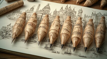 Wooden pens arranged on city sketch backdrop