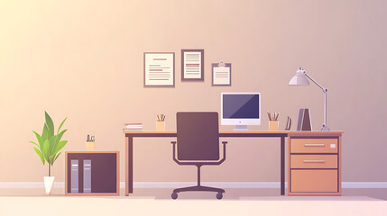 A computer desk with a chair and a computer monitor