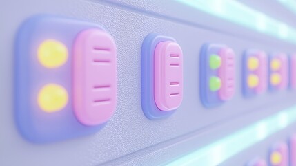 Pastel-colored, futuristic control panel.  Rows of  buttons with soft lighting