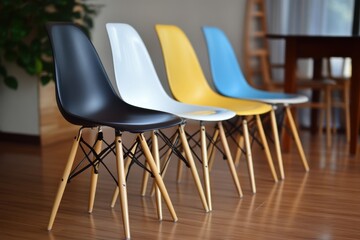 Four colorful dining chairs in a row
