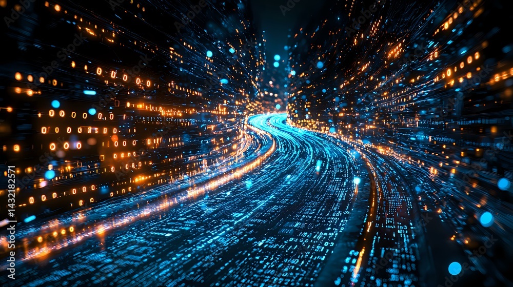 Poster abstract digital tunnel with glowing blue and orange light trails creating dynamic motion effect thr