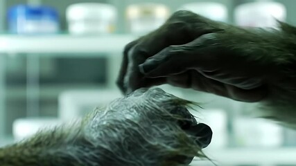 Monkey Applying Cream to Fur Close Up Laboratory Setting