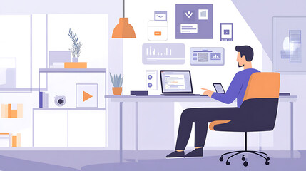 A man is sitting at a desk with a laptop and a cell phone