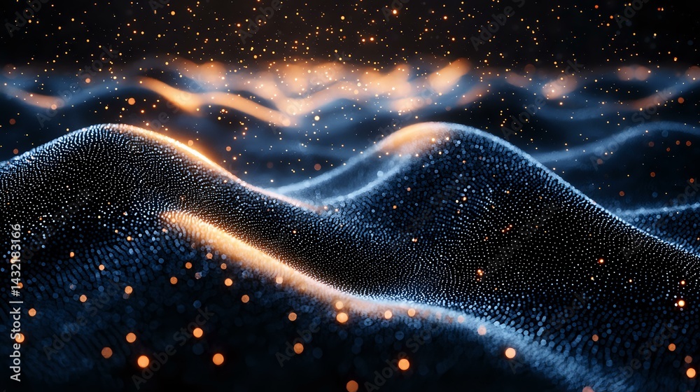 Poster abstract digital landscape with glowing blue and orange particle waves flowing over dark background 