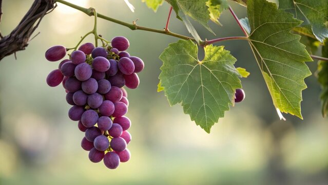 A close-up of a bunch of purple grapes hanging from a vine. - Powered by Adobe