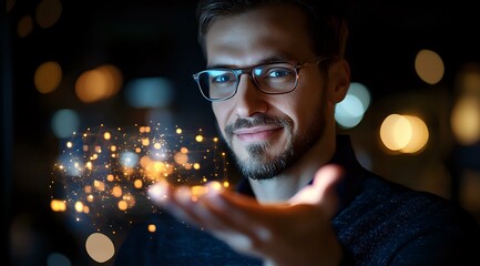 Bearded Caucasian man in glasses holding magical glowing particles in hands against dark background with bokeh lights, expressing wonder and imagination.