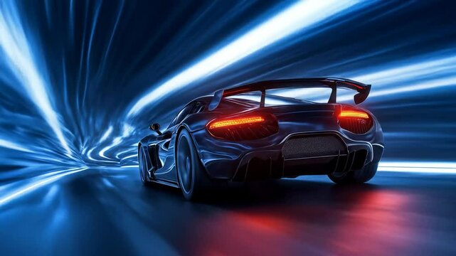 Fast sports car racing through tunnel digital art