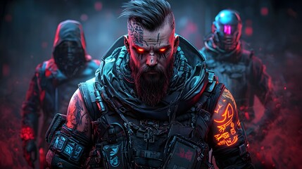 Naklejka premium Cyberpunk warrior in dystopian city action-packed digital art