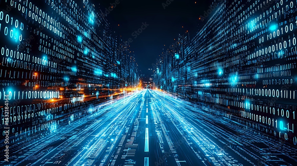 Poster digital binary code highway with glowing blue light trails and streaming data visualization in dark 