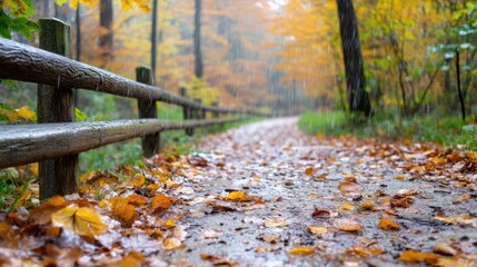 Autumn rain on a forest path.  Fallen leaves cover a pathway bordered by a weathered wooden fence, with a soft focus on the trees and foliage in the distance.