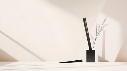 Naklejka premium Minimalist Beige Room Scene with Black Vase and Dried Flowers