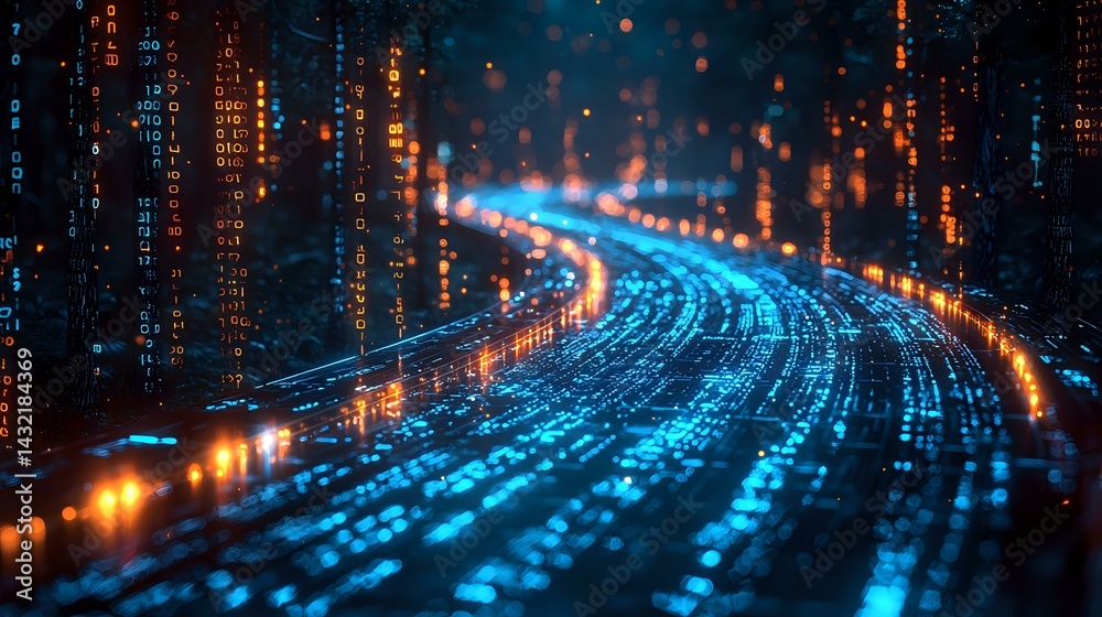 Poster glowing blue digital data stream on curved path with binary code and orange light effects against da