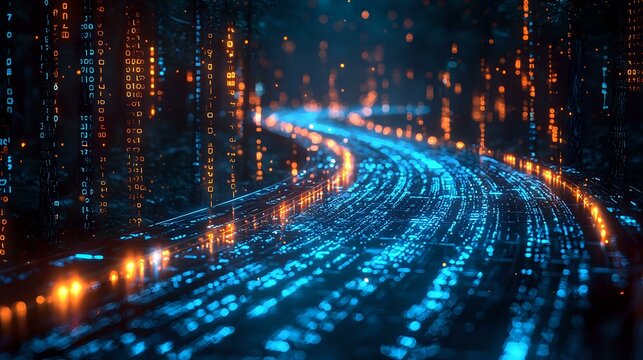 Glowing blue digital data stream on curved path with binary code and orange light effects against dark background, representing cyber technology flow.