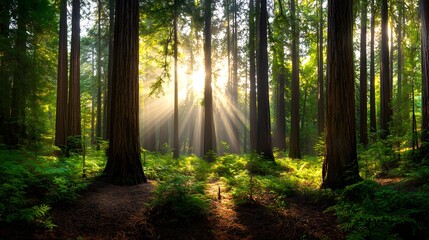 Obraz premium Sunlit redwood forest scene nature photography outdoor scenic view