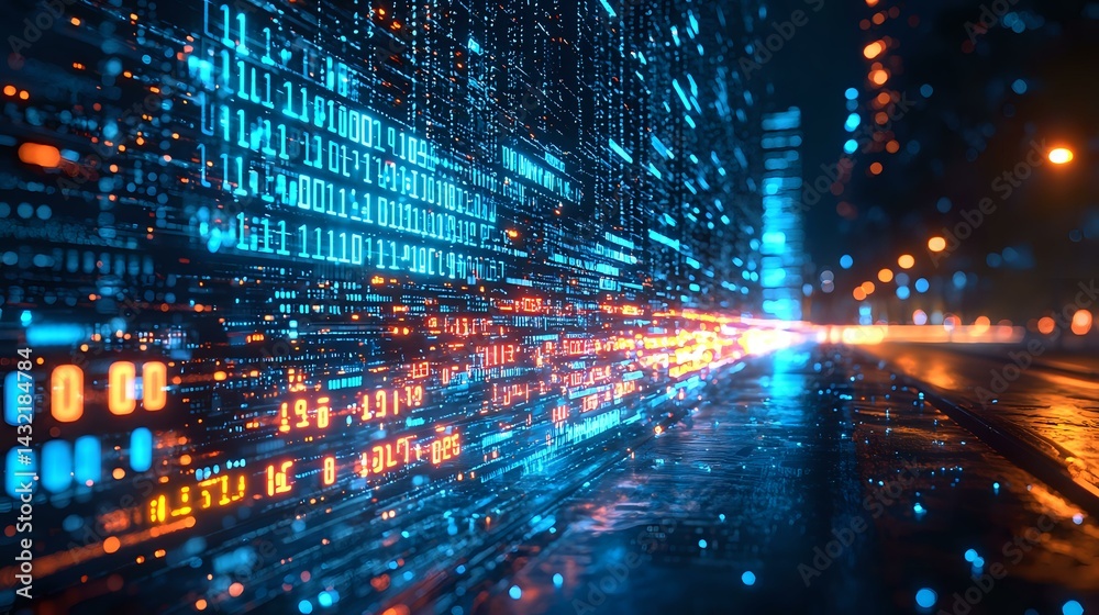 Poster futuristic digital matrix with streaming binary code in blue and orange neon colors reflecting on we